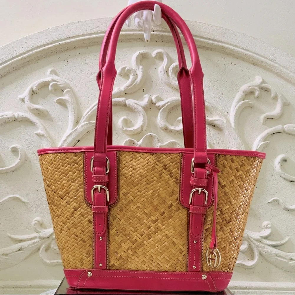 VINTAGE Etienne Aigner Rattan Straw Shoulder Bag Magenta Trim Tote - Picture 4 of 12